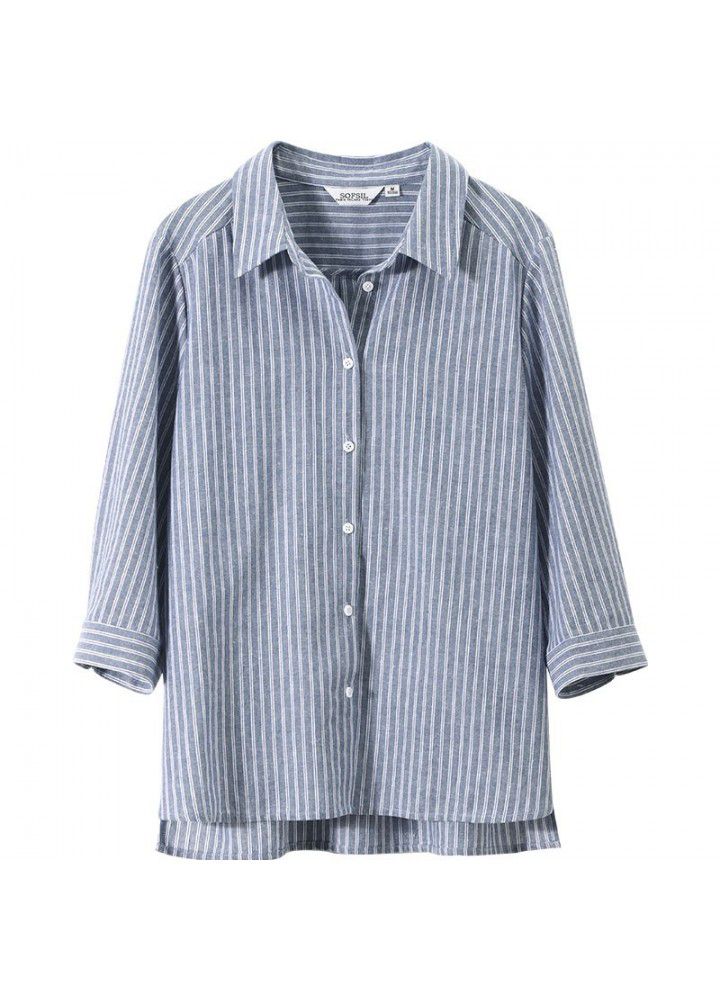 Blue Stripe Shirt female 2021 spring and summer new 7 / 3 sleeve fashion foreign style loose top shirt female design feeling