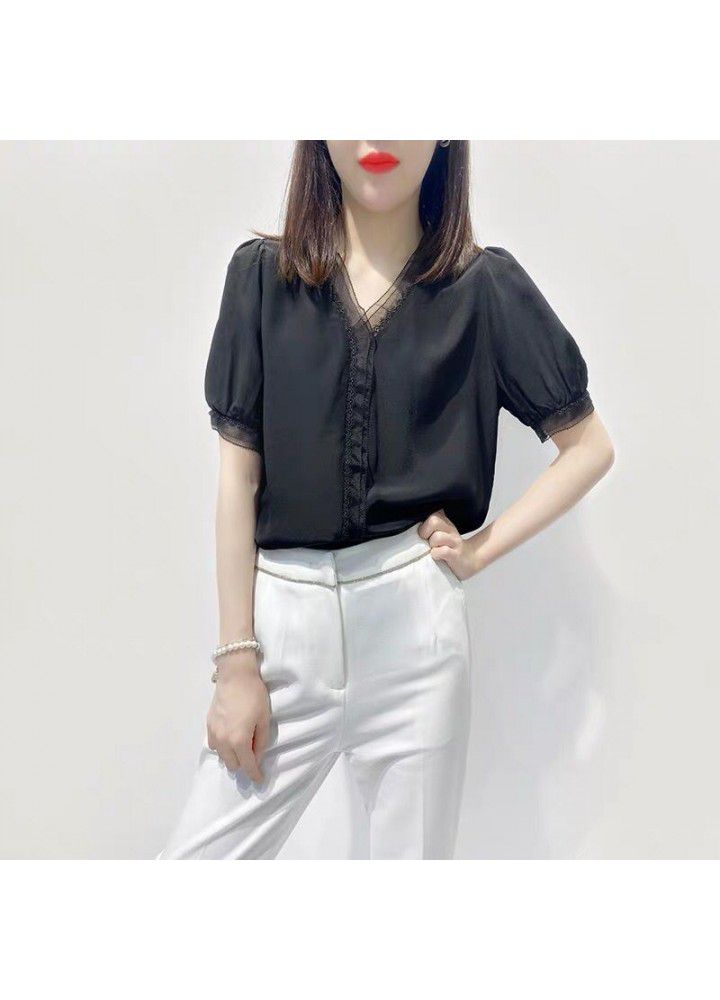 Black V-neck lace edge 2020 summer new short sleeve shirt women's design sense minority mulberry silk top