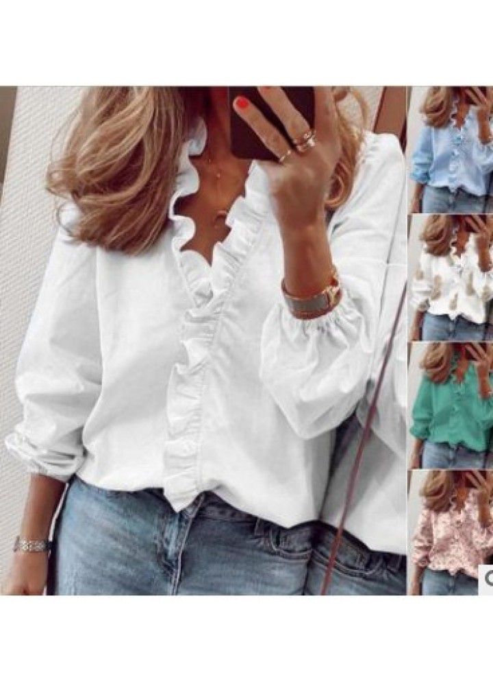 2020 Amazon wish express eBay spring and summer new European and American Long Sleeve Ruffle blouse