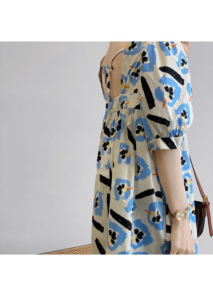 Taochuan bubble sleeve square neck lace up print dress women's 2021 summer Korean mid length slim dress 1936
