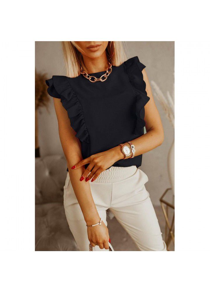 2021 Amazon express wish Europe and America Summer new loose round neck solid color Ruffle short sleeve shirt