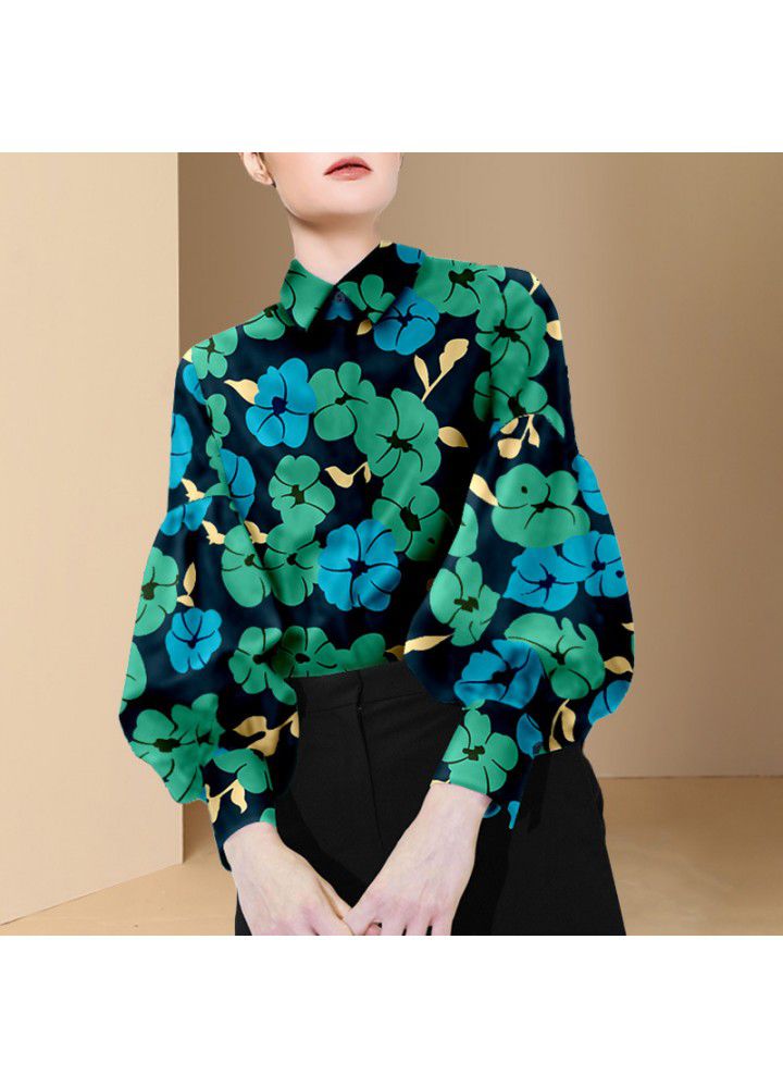 2021 spring new product design sense big flower temperament shirt female European and American fashion trend foreign style stripe Long Sleeve Shirt