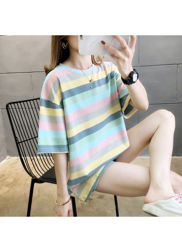 Rainbow Stripe net red short sleeve T-shirt women's summer loose large size lower garment