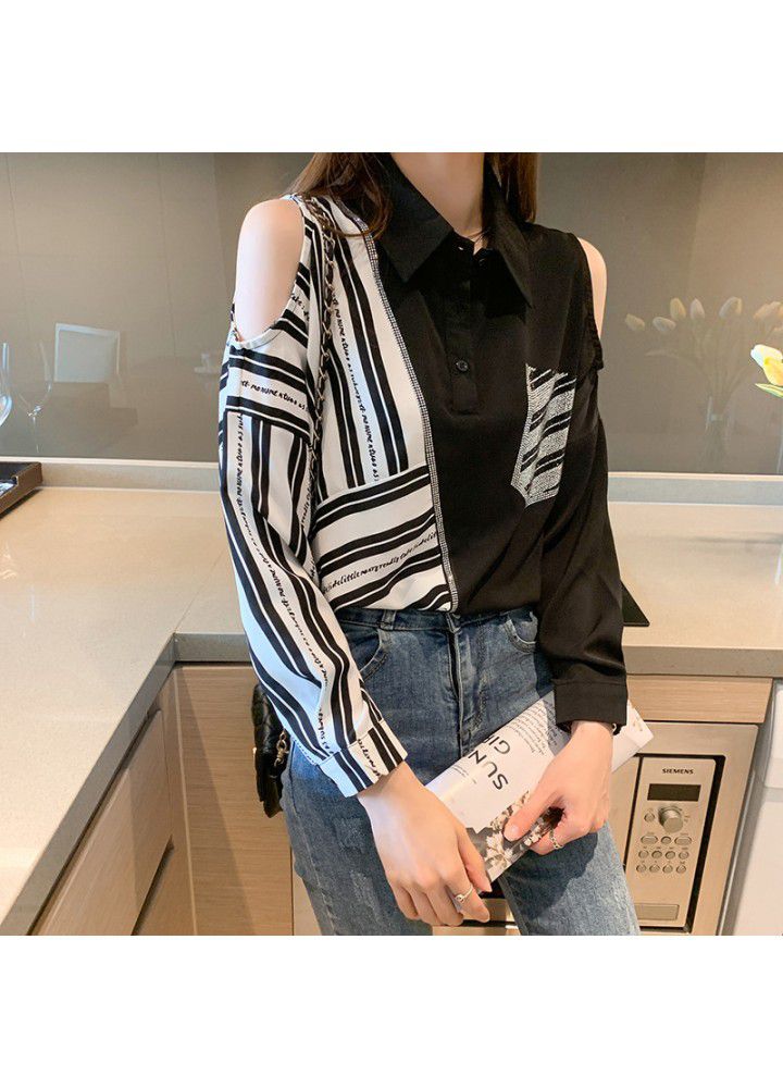 2021 spring new spring and autumn long sleeve design temperament top white shirt off shoulder stitching striped shirt female