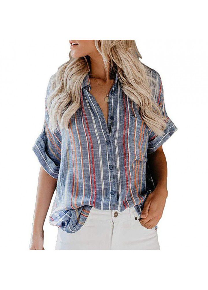Cross border wish Amazon eBay large size cardigan blouse striped pocket short sleeve blouse