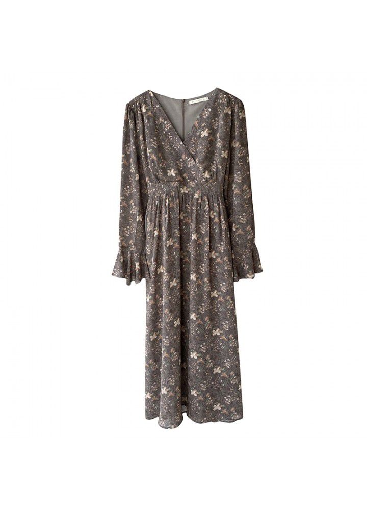 Zhicong evening waist V-neck trumpet sleeve floral dress spring summer 2021 new loose long sleeve dress 3367