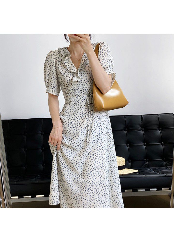 Taochuan small fresh V-neck dress women's 2021 summer new Korean floral Ruffle waist long skirt 1956