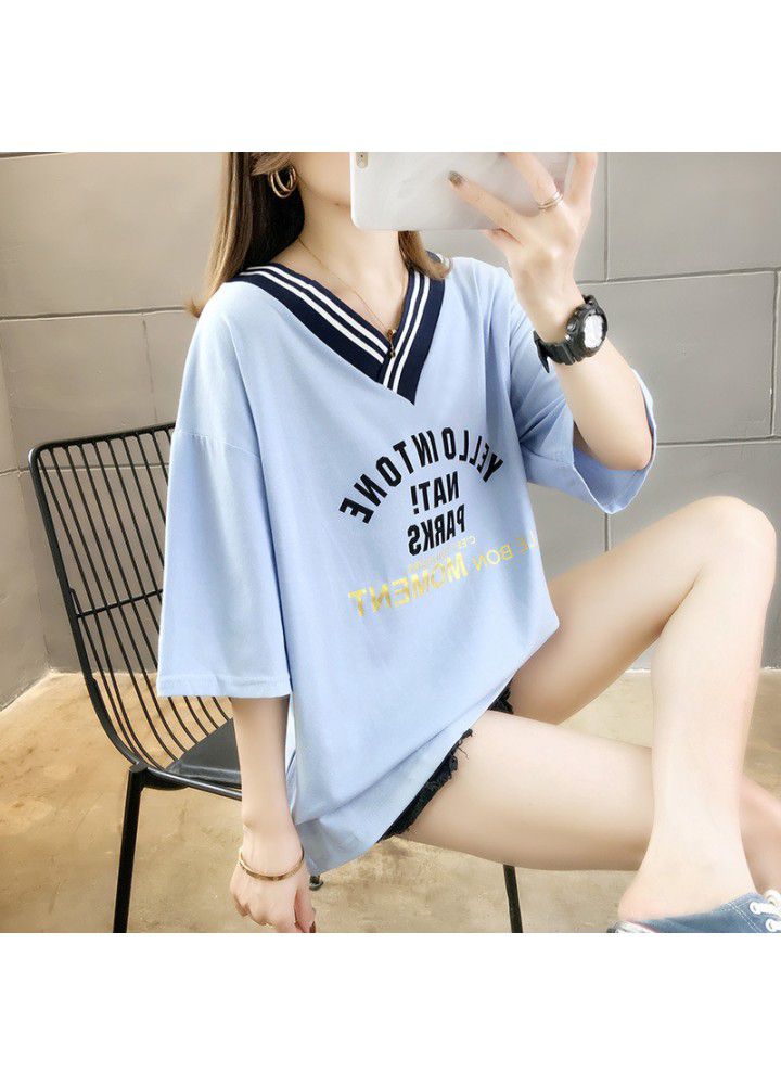 2021 summer new V-neck short sleeve T-shirt women's Korean loose fashion leisure net red half sleeve clothes fashion