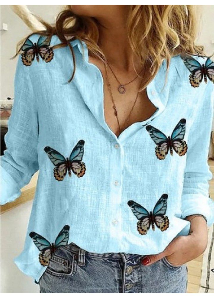 2020 New Amazon wish express new cotton temperament thin blouse irregular butterfly printing