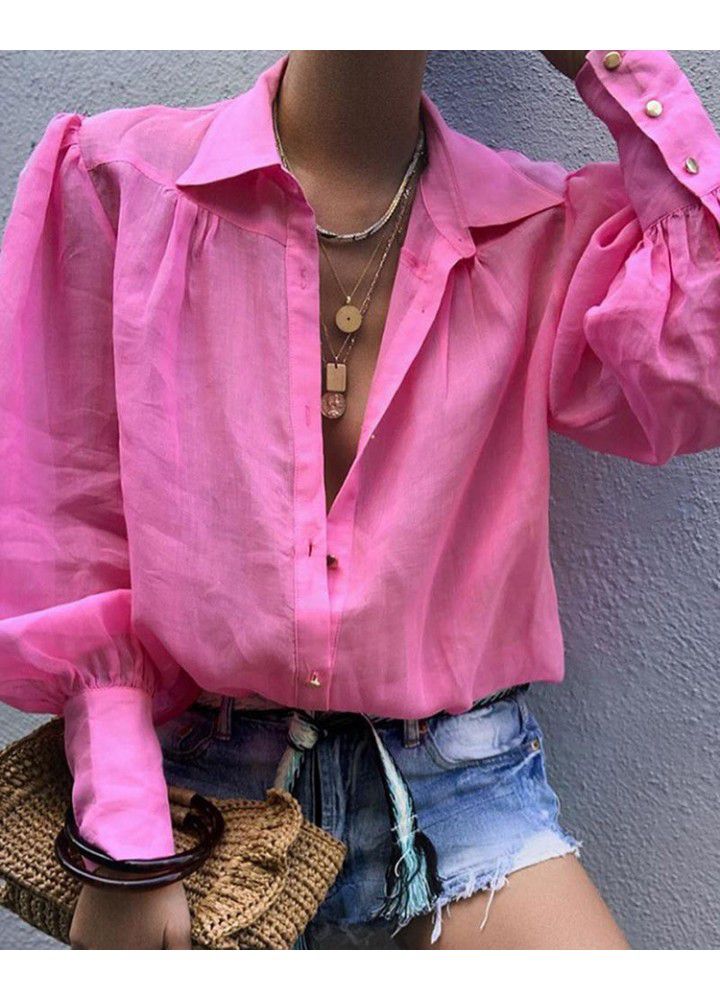 Cross border wish Amazon eBay loose solid long women's shirt Lantern Sleeve Top suit collar shirt