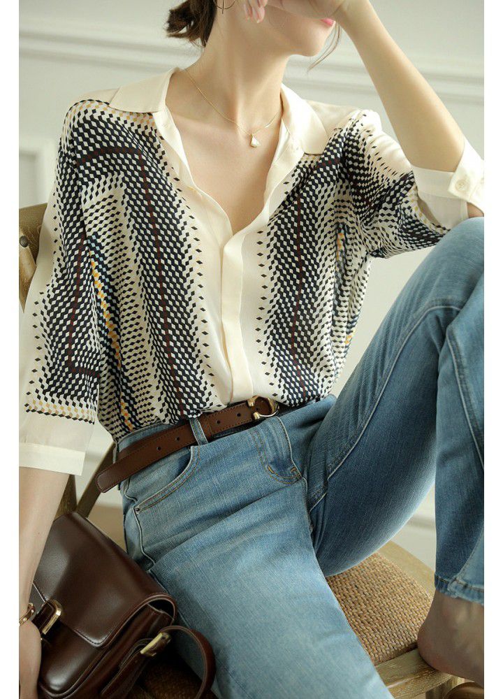 2021 Korean splicing elegant temperament shirt women's summer design Plaid top 3 / 4 sleeve slim shirt
