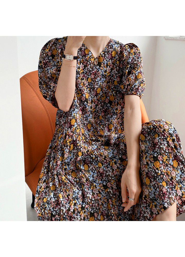 Zhicongxi gentle wind Long Floral dress women's 2021 summer bubble sleeve loose V-neck chiffon skirt 763