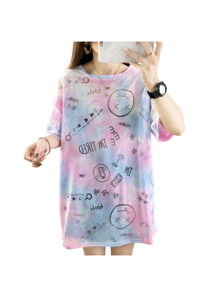 Ins short sleeve T-shirt women's summer Korean loose size women's middle and long lower garment missing