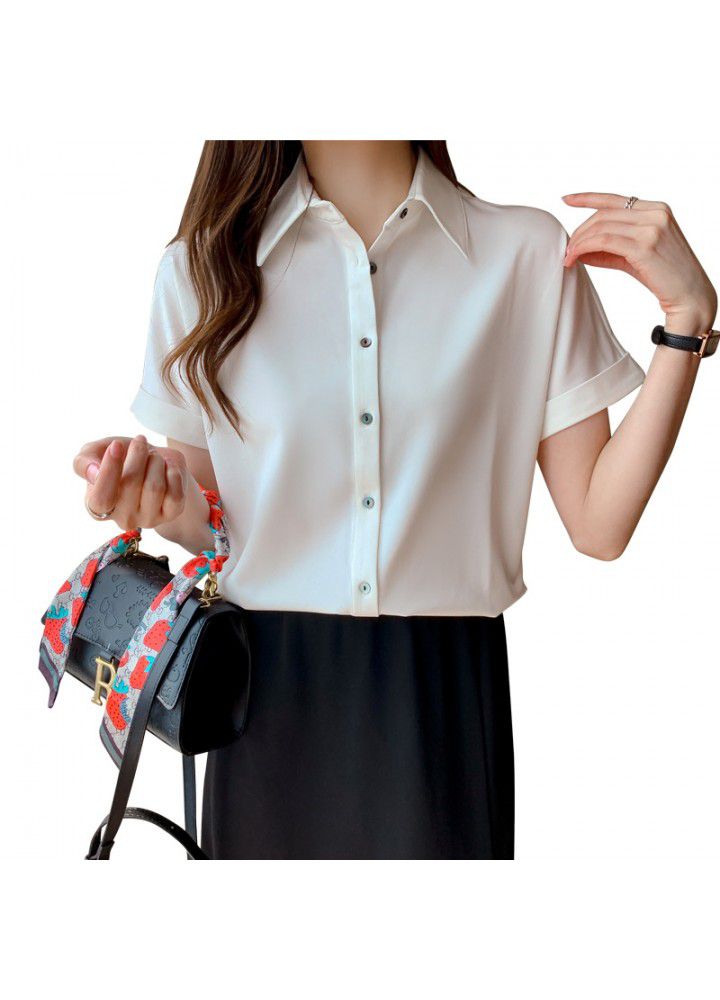2021 summer new Satin short sleeve shirt female Hong Kong style student Polo professional temperament Satin top commuting slim fit