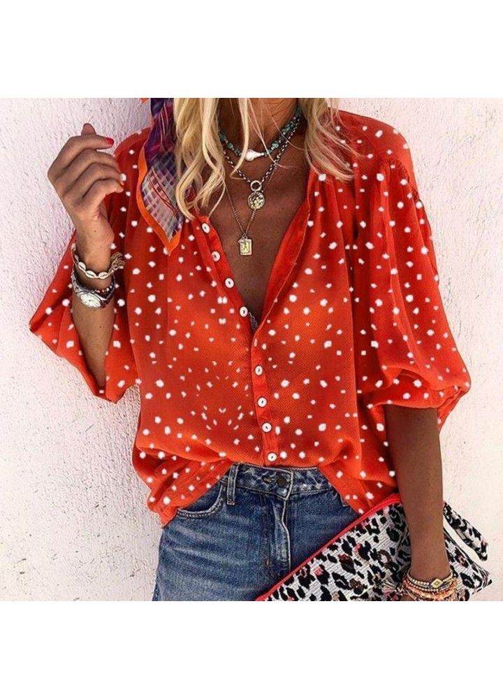 New Amazon wish Polka Dot snowflake Print Long Sleeve V-neck button women's shirt in autumn 2019