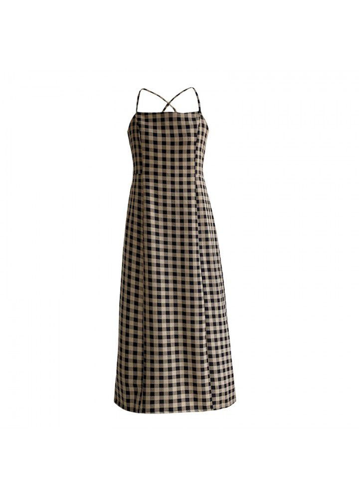 Zhicongxi retro Plaid suspender dress women's mid length 2021 spring and summer with split bottom skirt 3369