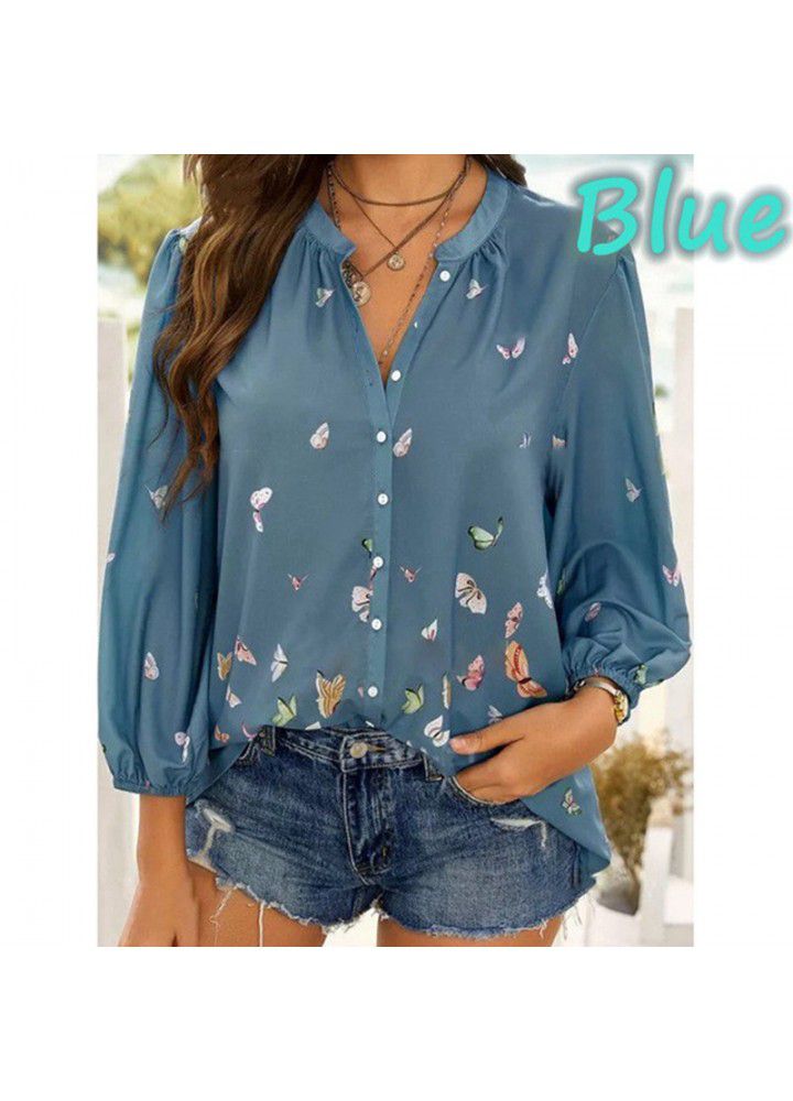 2021 foreign trade wish cross border new European and American women's top long sleeve Lapel women's shirt