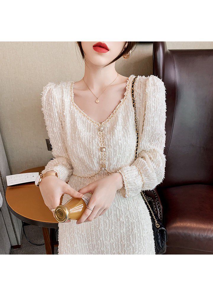 2021 spring dress new French small fragrance long sleeve dress femininity Lace Waist Skirt thin