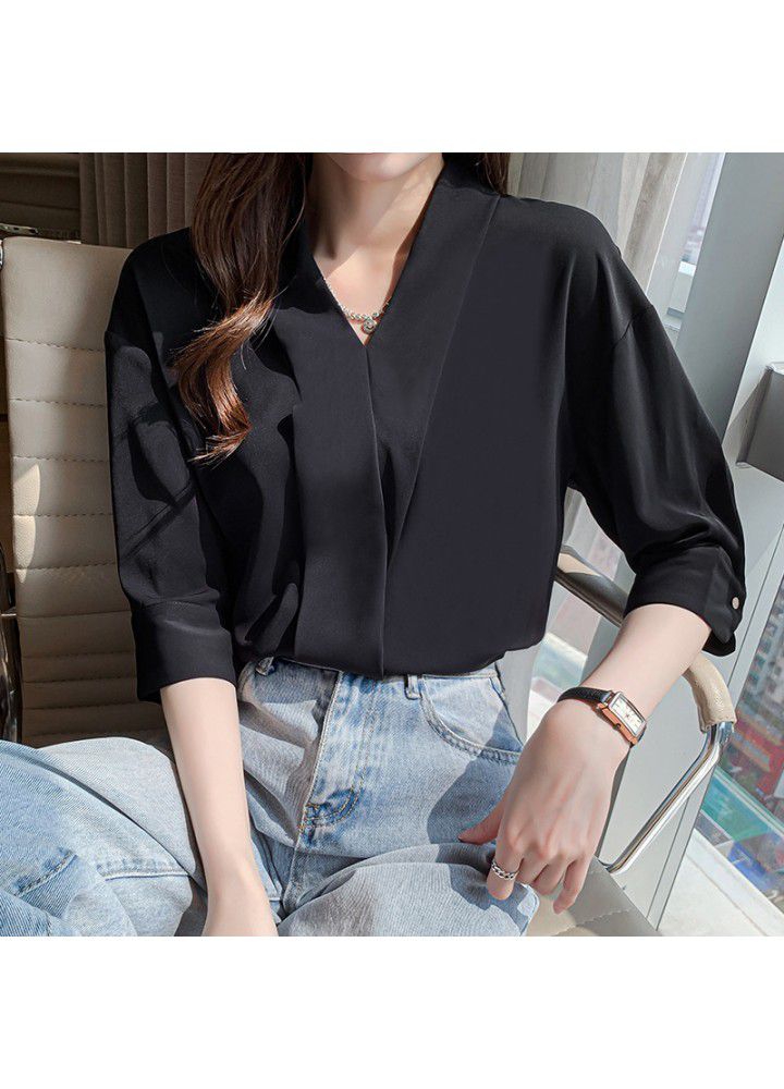 Real shot spot 2021 summer chiffon shirt femininity V-neck 5-sleeve fashion placket show thin black top