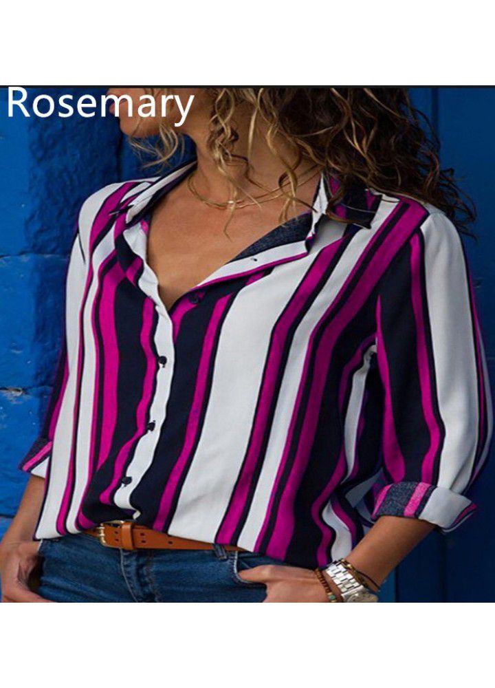 Fast selling wish Amazon eBay big size loose blouse contrast stripe long sleeve multi color blouse