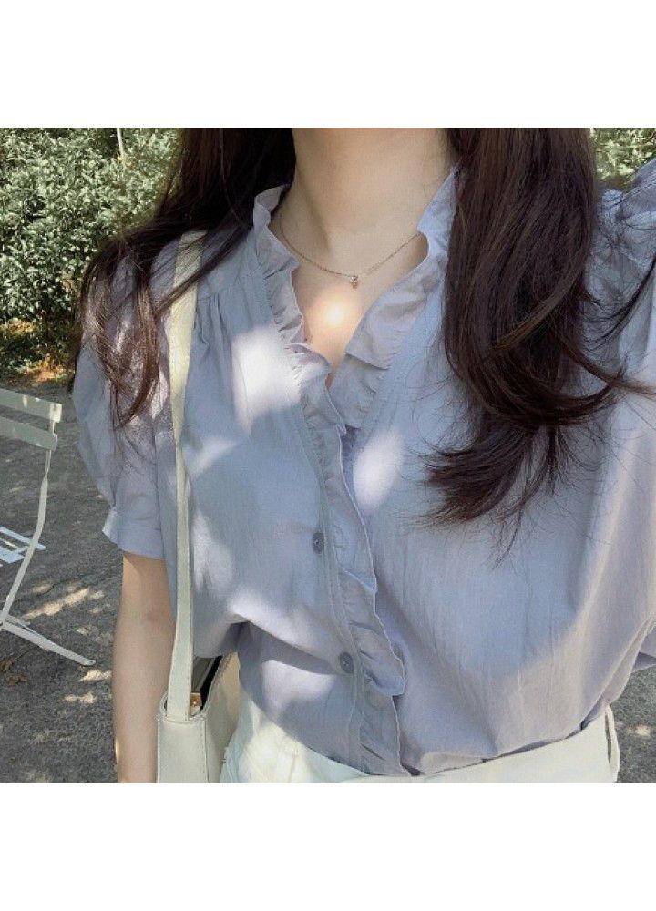 2021 summer new Korean version gentle temperament sweet age reduction ear edge pleated V-neck short sleeve shirt blouse