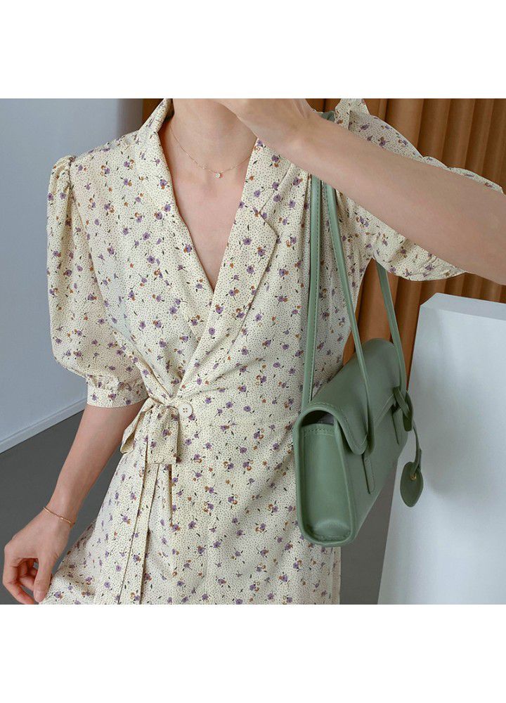 Taochuan French retro V-neck tea break skirt soft Chiffon floral dress women's 2021 summer long waist 3371