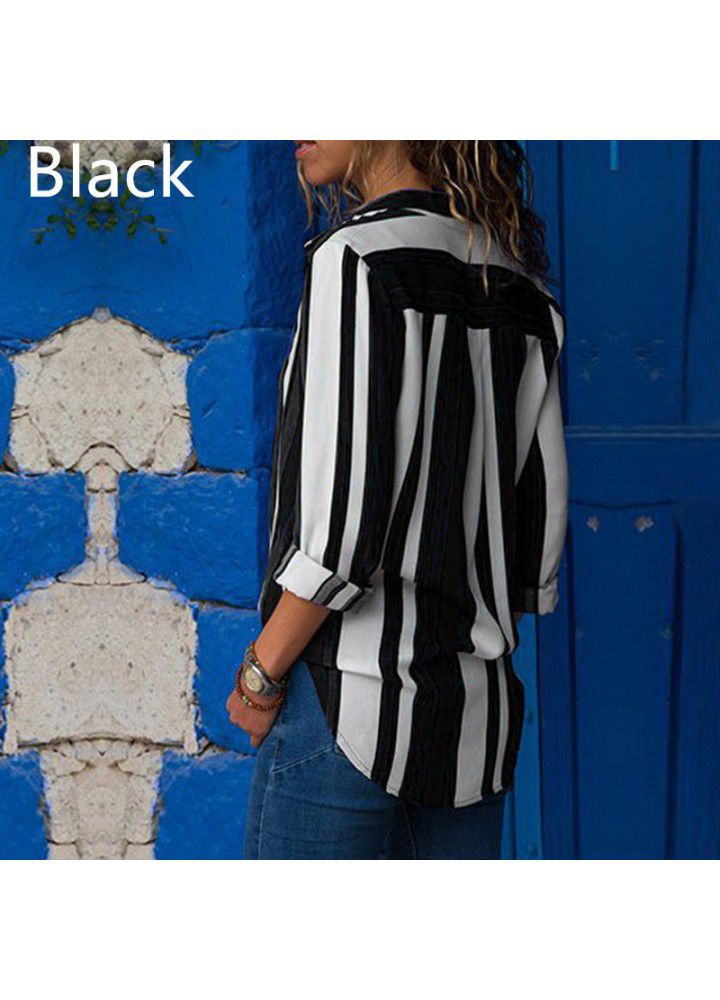 Fast selling wish Amazon eBay big size loose blouse contrast stripe long sleeve multi color blouse