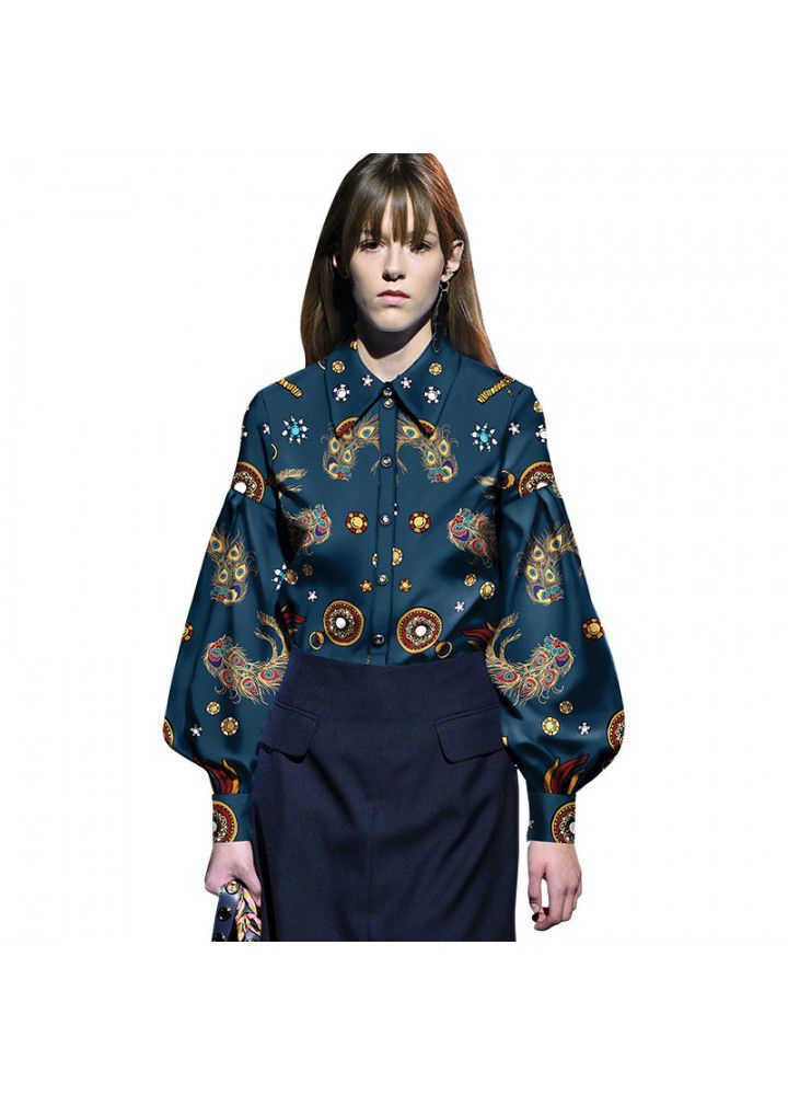 European and American spring fashion 2021 new women's Retro Lantern Sleeve Shirt women's design temperament print top fashion