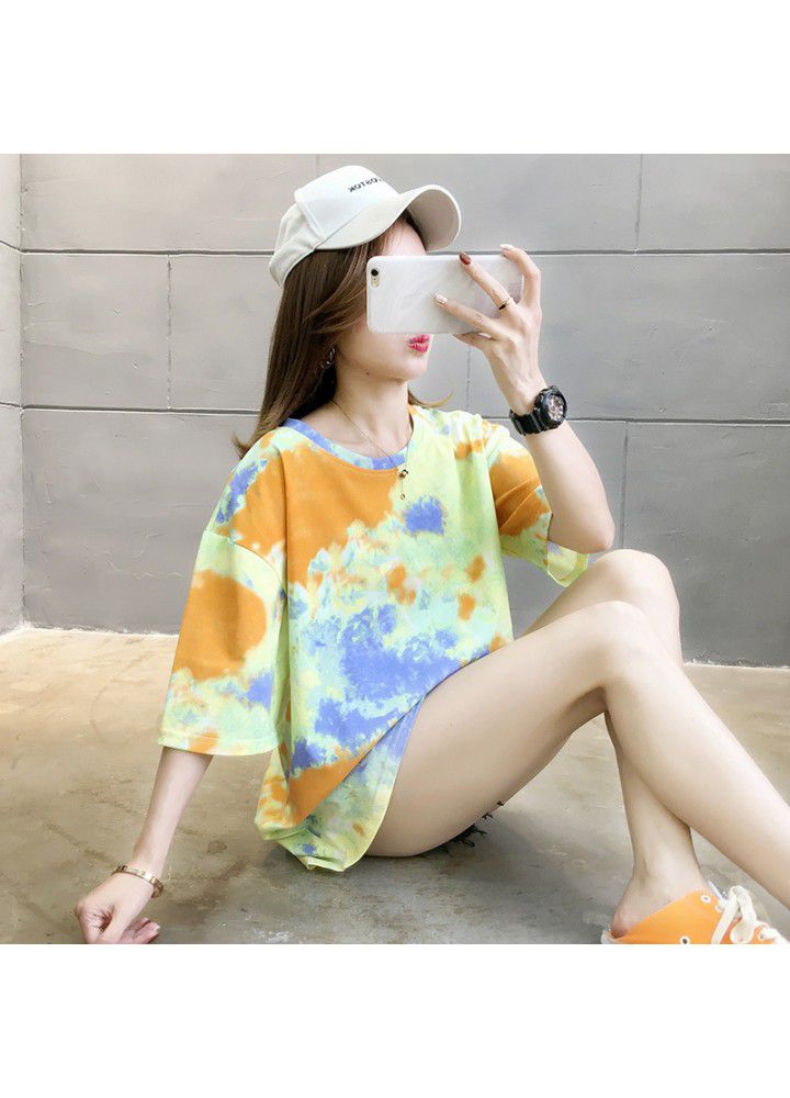 2021 tie dye ins short sleeve T-shirt women's Korean loose net Hong Kong Style strange smell body versatile half sleeve clothes fashion