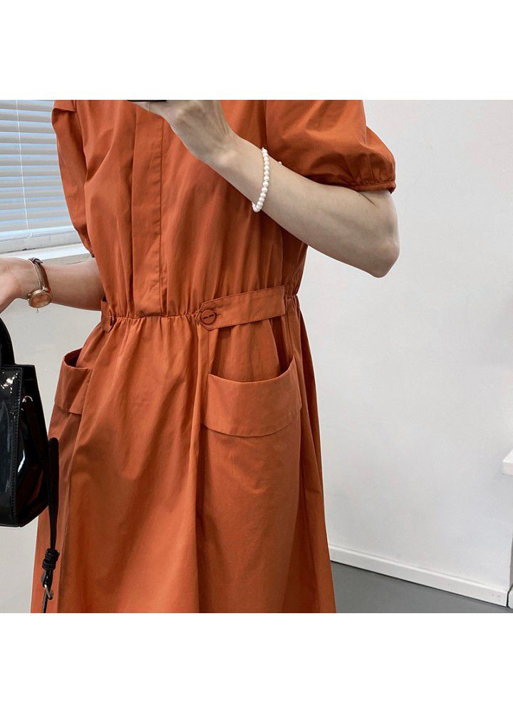 Taochuan solid round neck bubble sleeve dress women's 2021 summer double pocket elastic waist bandage long skirt slim 8190