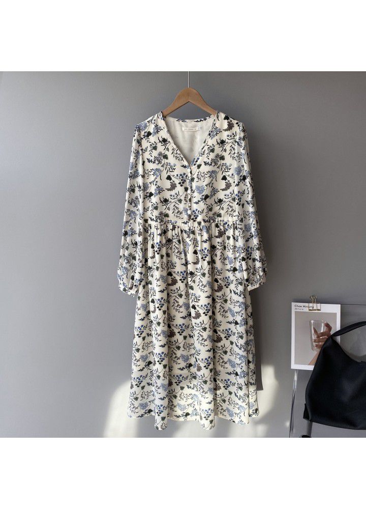 Zhicongxi retro floral medium length dress women's 2021 spring French gentle wind V-Neck long sleeve skirt 1913