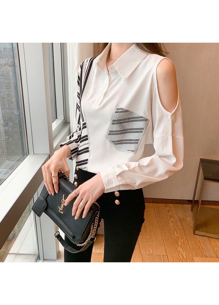 2021 spring new spring and autumn long sleeve design temperament top white shirt off shoulder stitching striped shirt female