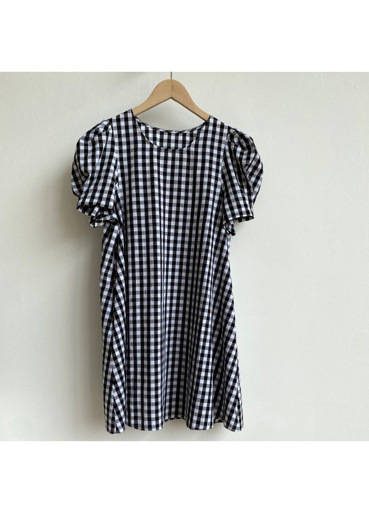 Zhicongxi 2021 summer new Korean retro Plaid round neck bubble sleeve medium length casual dress women's 1799
