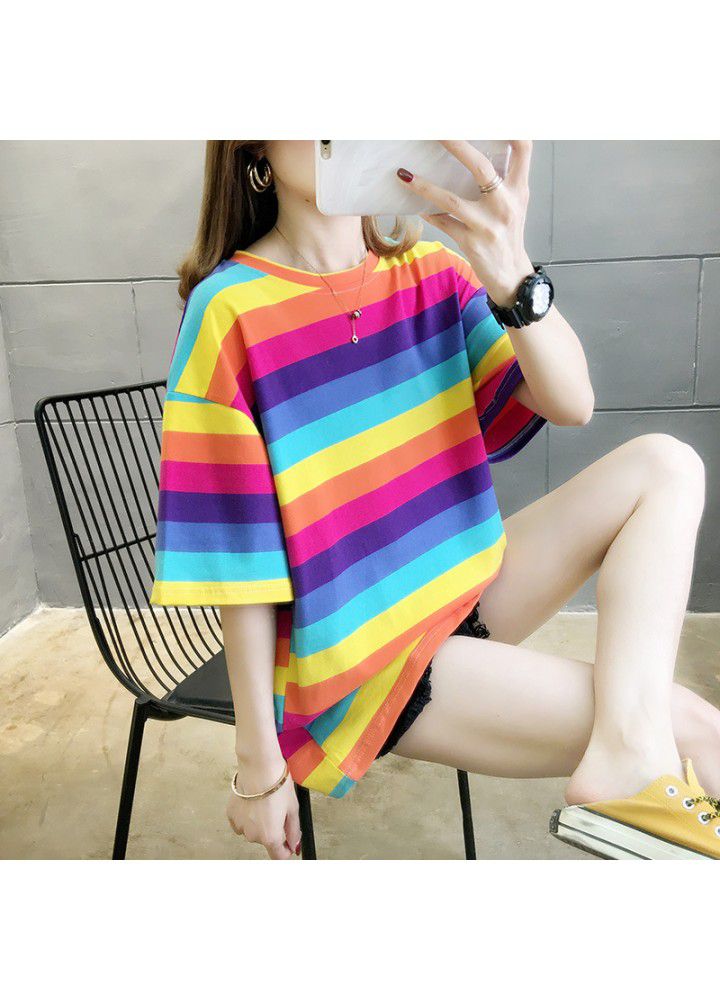 Rainbow Stripe net red short sleeve T-shirt women's summer loose large size lower garment