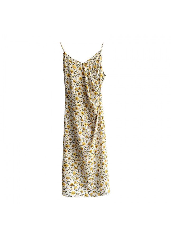 Taochuan yellow French floral suspender V-neck dress women's summer 2021 stem orange first love skirt medium length 780
