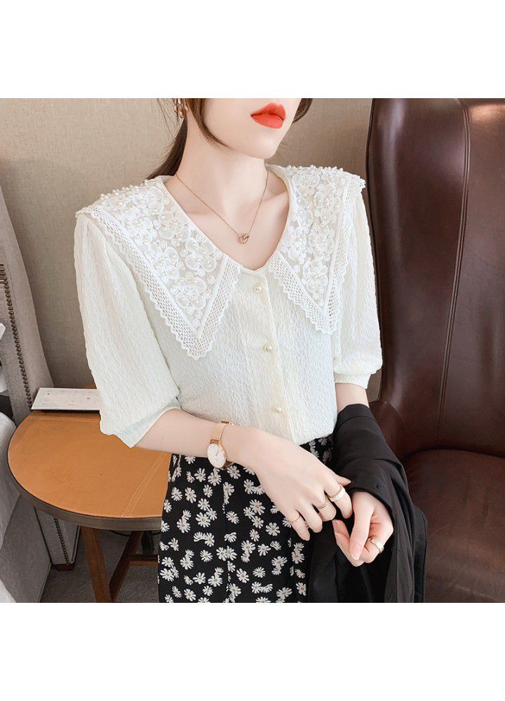 Pin bead shirt 2021 summer new lace loose top French baby collar cardigan looks thin