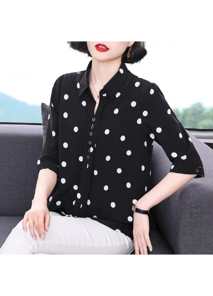 Wave point chiffon shirt women's 2021 new spring and summer middle aged mother's shirt medium sleeve top women's quarter sleeve