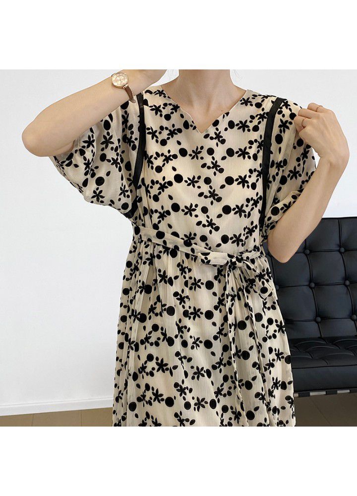 Taochuan French foam sleeve flocked floret dress 2021 summer new waist folded temperament long skirt 3376