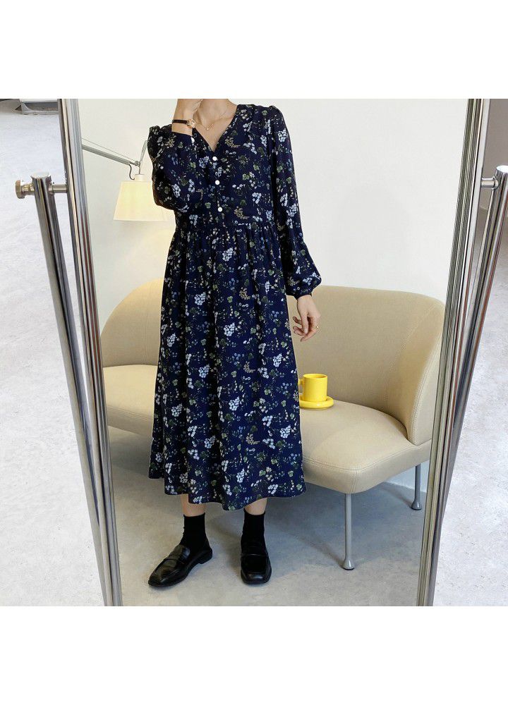 Zhicongxi retro floral medium length dress women's 2021 spring French gentle wind V-Neck long sleeve skirt 1913