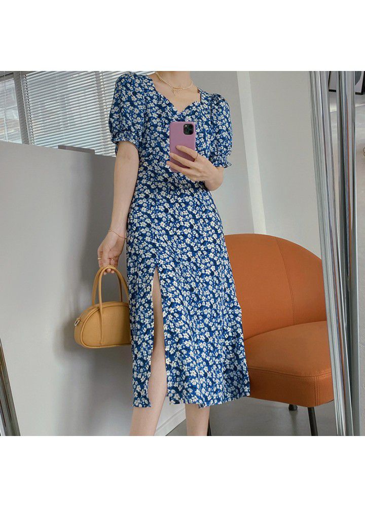 Taochuan French retro square neck waist split soft floral holiday dress women's long 2021 summer 1002