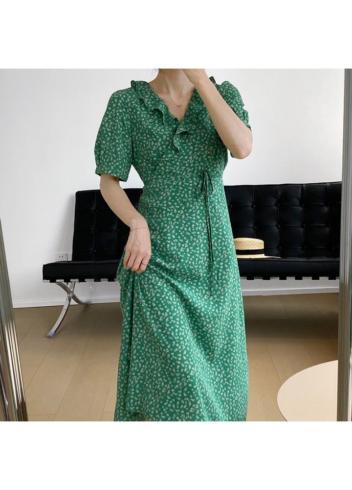 Taochuan small fresh V-neck dress women's 2021 summer new Korean floral Ruffle waist long skirt 1956
