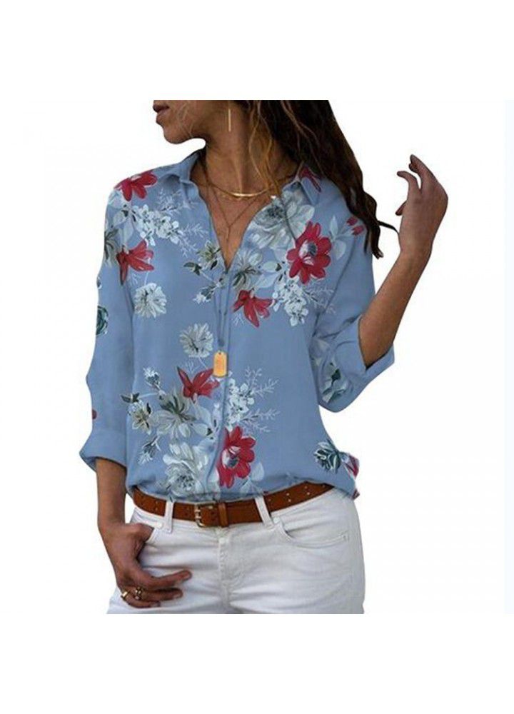 Cross border wish Amazon eBay European and American large women's loose blouse long sleeve V-neck printed shirt