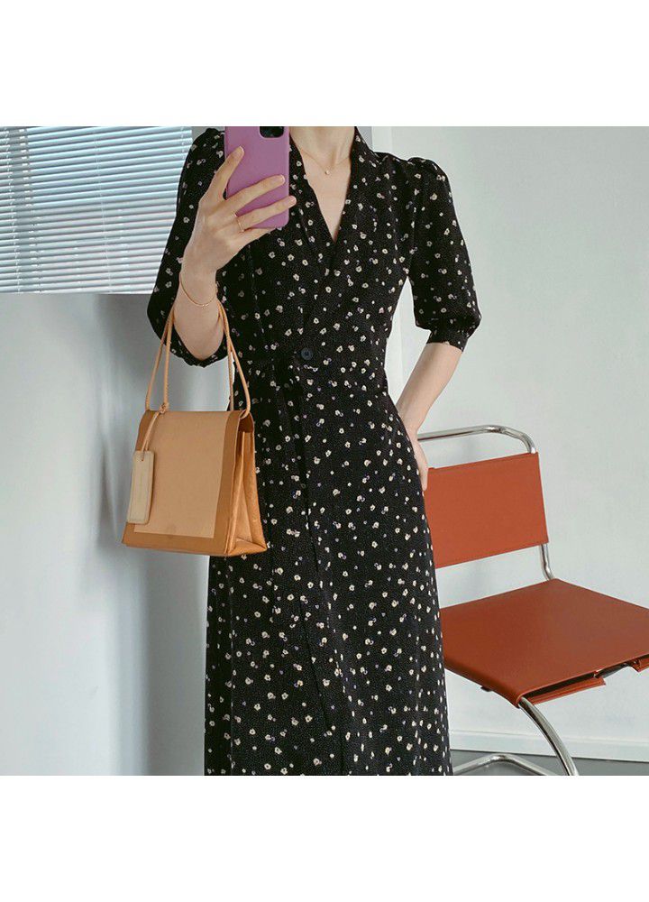 Taochuan French retro V-neck tea break skirt soft Chiffon floral dress women's 2021 summer long waist 3371
