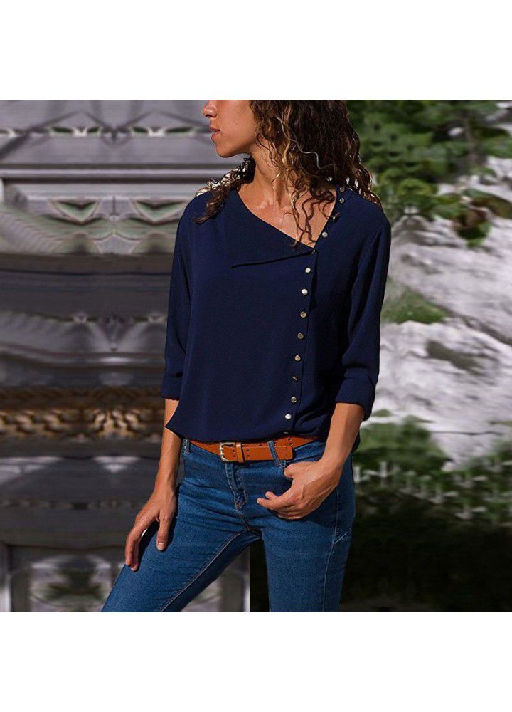 Cross border wish Amazon foreign trade spring and autumn European and American large women's wear slant collar women's shirt fashion long sleeve shirt