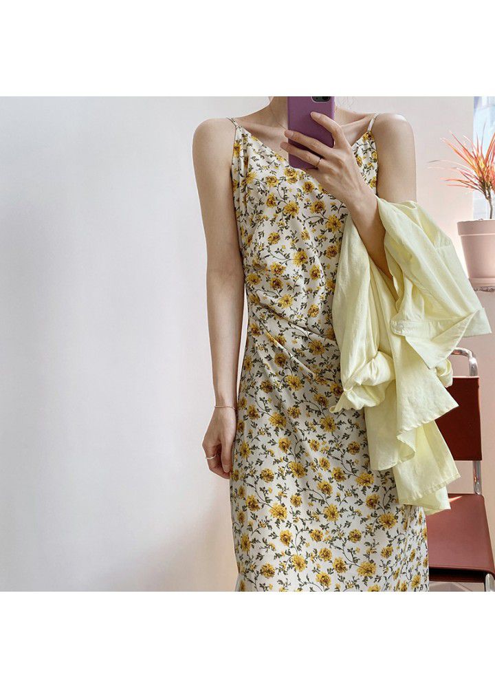 Taochuan yellow French floral suspender V-neck dress women's summer 2021 stem orange first love skirt medium length 780