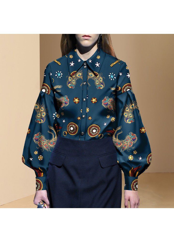 European and American spring fashion 2021 new women's Retro Lantern Sleeve Shirt women's design temperament print top fashion
