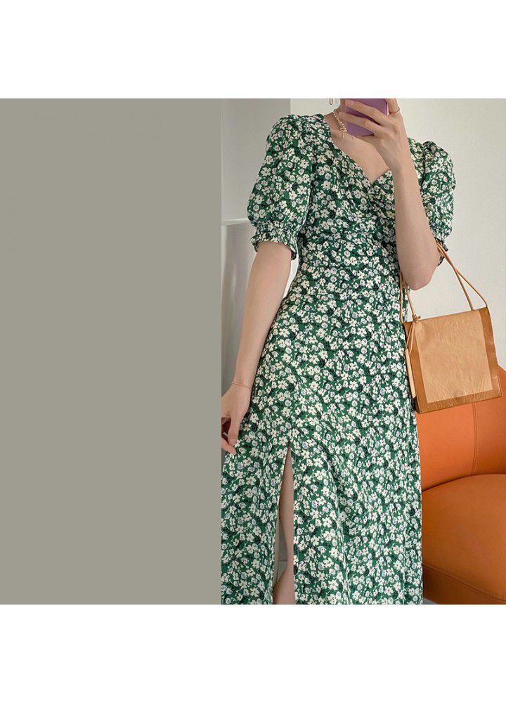 Taochuan French retro square neck waist split soft floral holiday dress women's long 2021 summer 1002