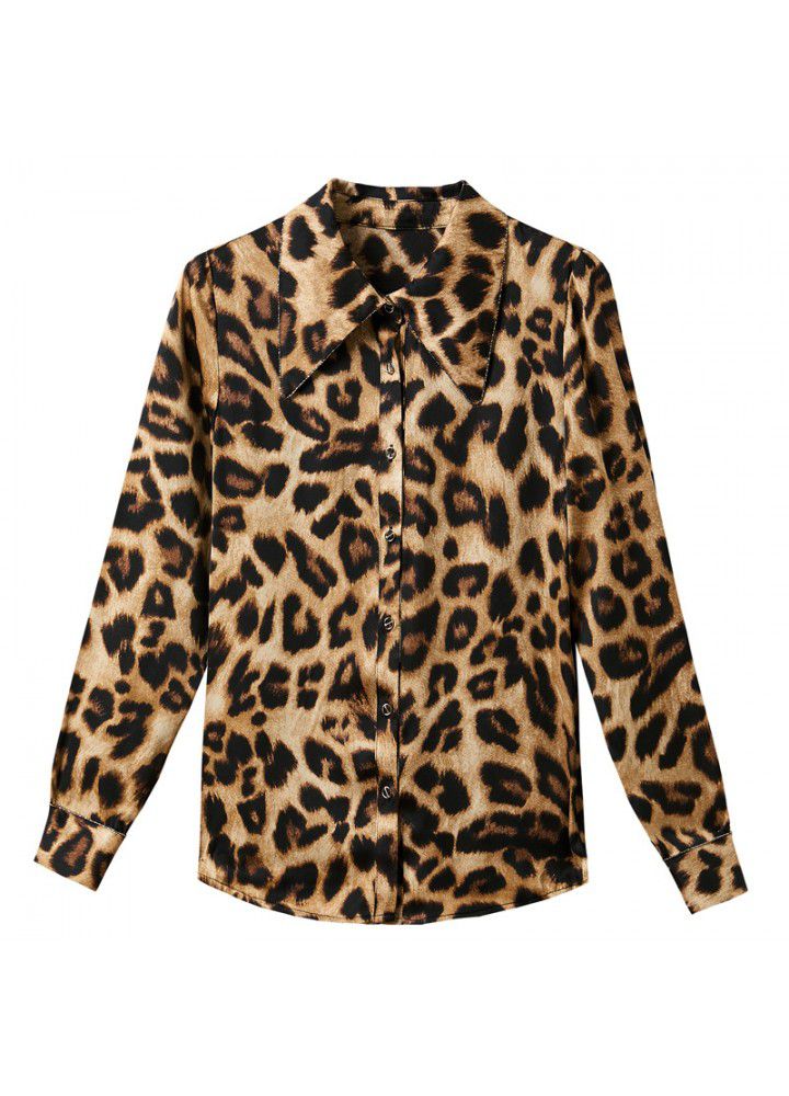Leopard chiffon shirt long sleeve 2021 spring and autumn new Satin top slim with foreign style belly covering shirt