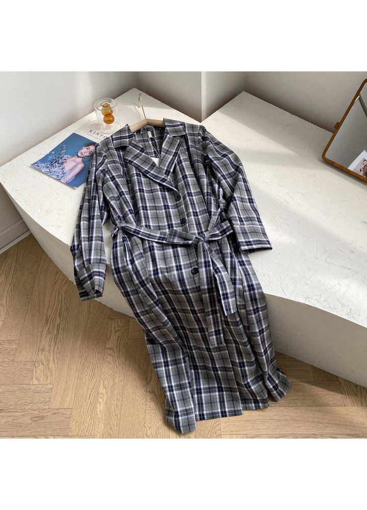 Zhicongxi long Plaid Dress long sleeve shirt skirt autumn new suit collar Korean waist long skirt 598
