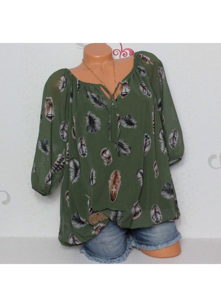 Cross border wish Amazon eBay new European and American casual V-neck Quarter Sleeve loose feather print shirt for women